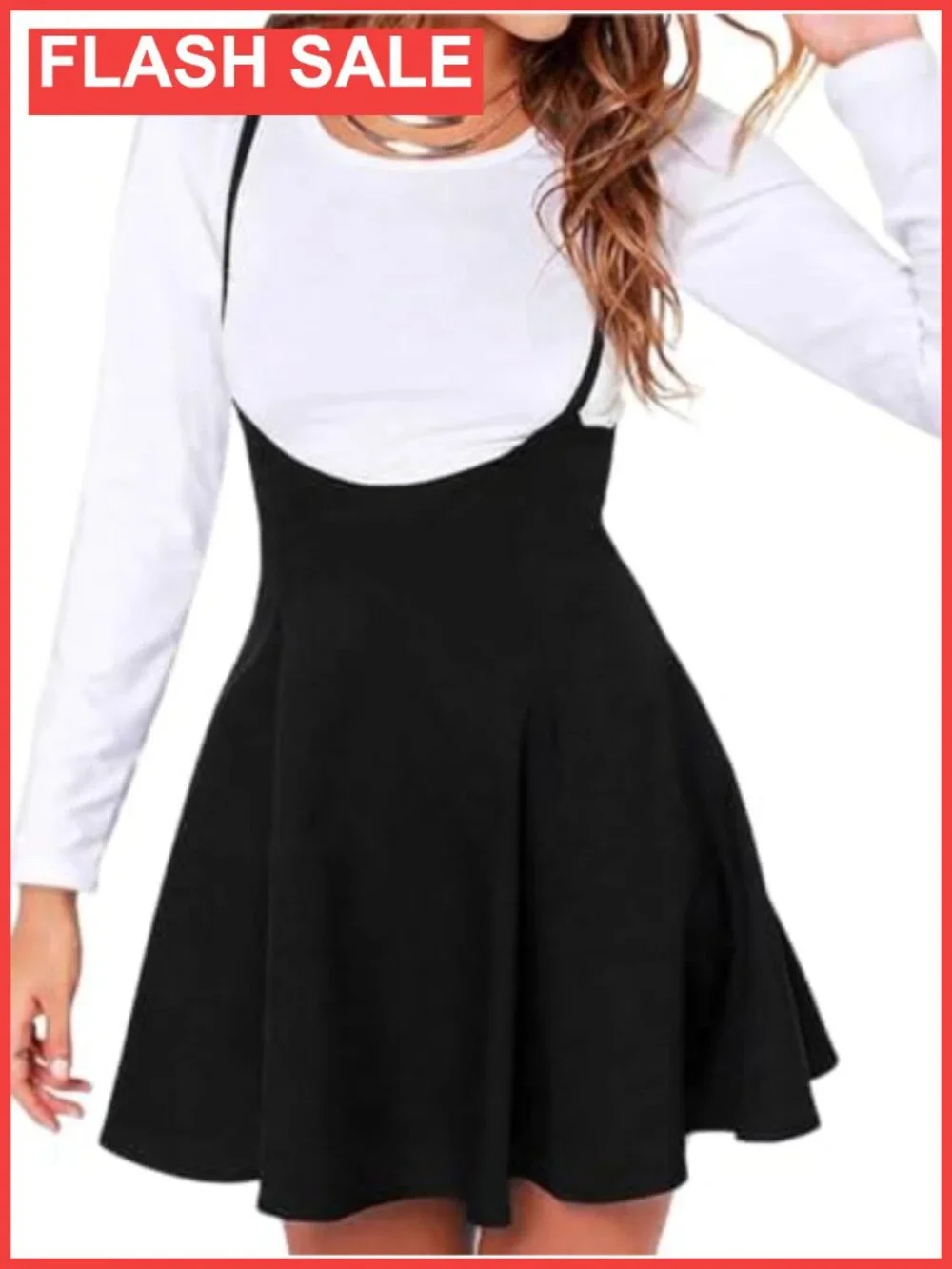 Women Suspender Skater Skirt High Waist Flared Midi Pinafore Dress